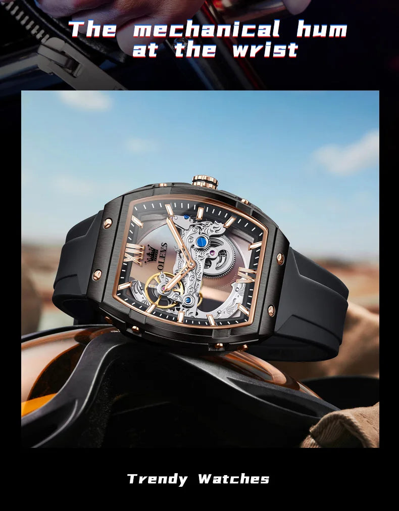 OLEVS 6779 Man Watch Skeleton Luxury Tonneau Mechanical Watches For Men Waterproof Silicone Strap Automatic Hand Clock Gifts Box