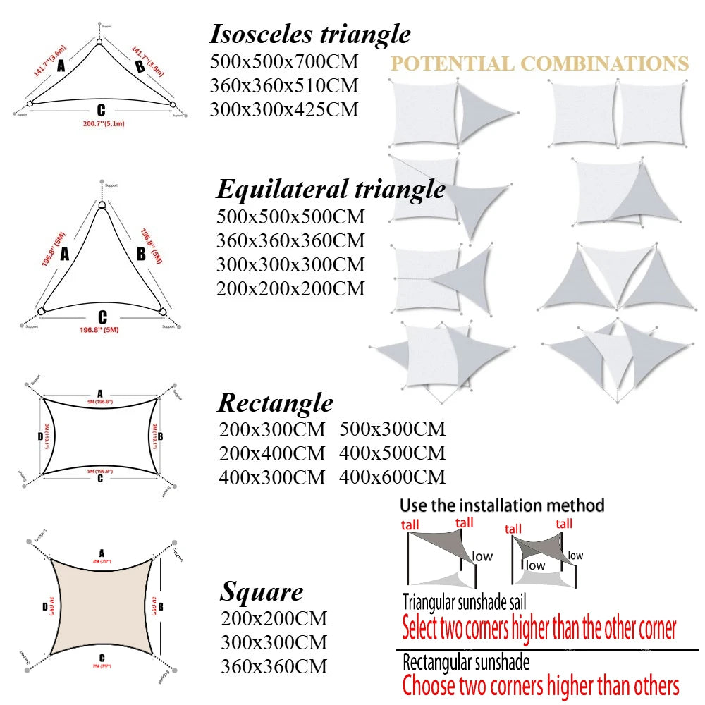Beige Sun Shade Sail Waterproof Outdoor Garden Sails Canopy Patio Party Sunscreen Awning 98% UV Block Shade Cloth with Free Rope