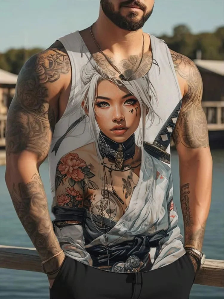 Samurai Tattoo Girl 3D Print Tank Tops Men Women Casual Oversized Fitness Gym Vest Harajuku Sleeveless T Shirt Men's Clothing