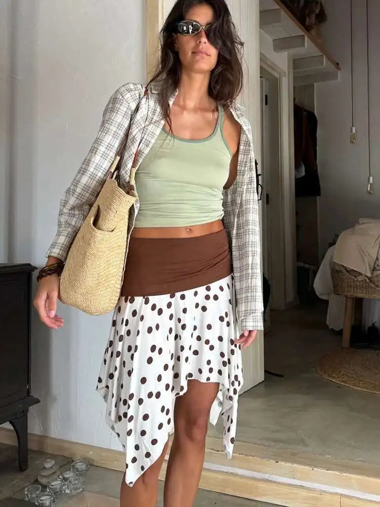 Fantoye Summer New Print Polka Dots Women Skirt Coffee Patchwork High Waist Mini Skirt Female Casual Y2k Vacation Beachwear 2025