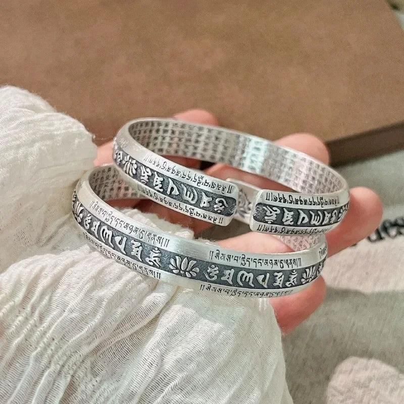 925 Silver Carved Prajnaparamita Heart Sutra Lotus Flower Bracelet Six Character True Words Wide Vintage Bangles Jewelry