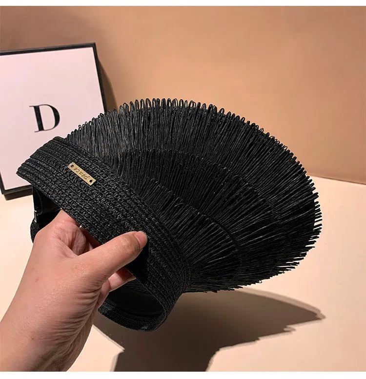 Designer Brand Sunscreen Tassel Straw Hats for Women Summer Empty Top Sun Hat Outdoor Pamama UV Protection Beach Sunshade Cap