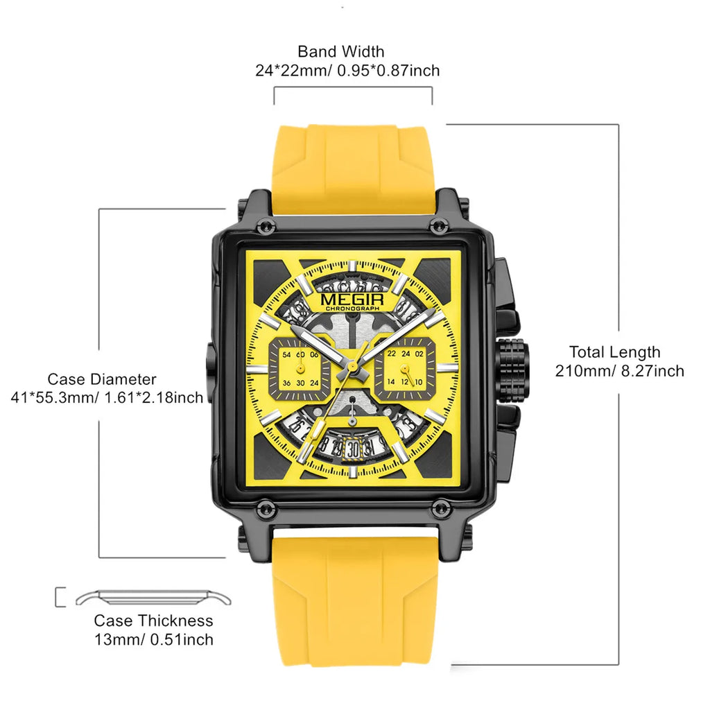 MEGIR Sport Watches for Men Waterproof Quartz Military Wristwatches Square Dial Male Chronograph Watch 24-hour Reloj Hombre 2233