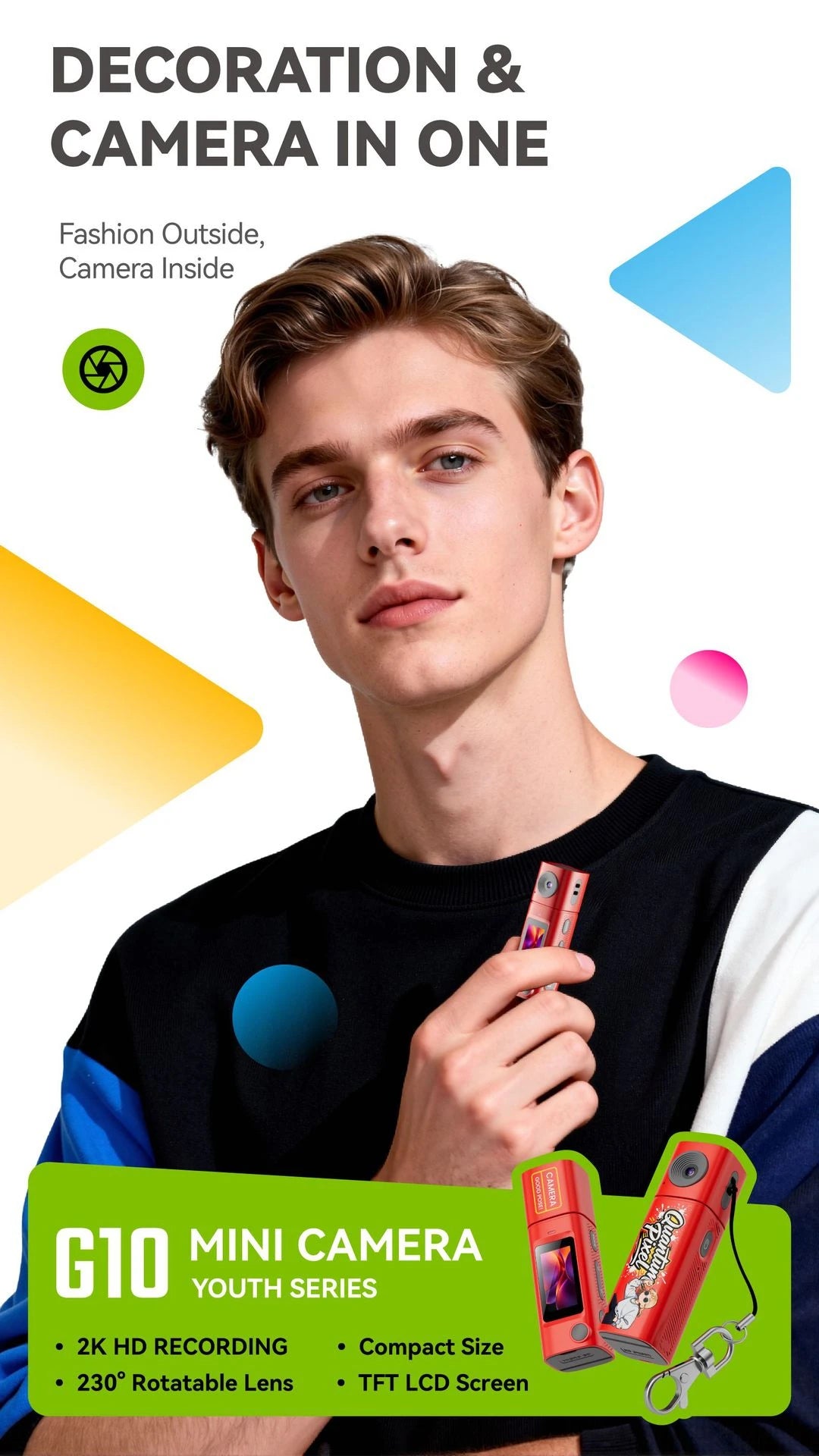 Lenovo 2K Sports Camcorder Lipstick Mini Camera 230° Rotatable Lens Compact Portable LCD Screen For Students Outdoor Photography