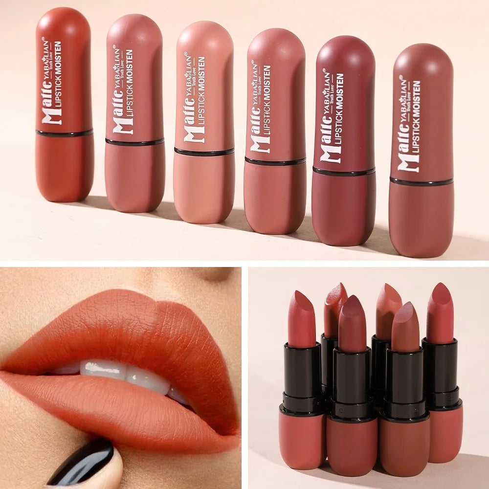 6 Colors Sexy Matte Lipstick Waterproof Long Lasting Color Rendering Non-stick Nude Brown Lipstick Pencil Woman Makeup Cosmetics