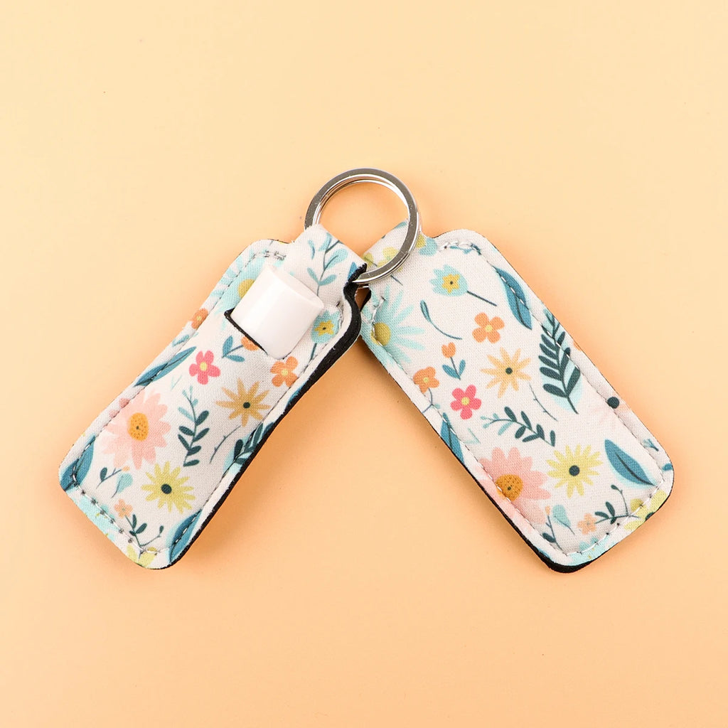 Flowers Clip On Lipstick Holder Keychain Daisy Print Simple Style Keyring Trendy Lip Balm Key Chain Bag Charms Accessories