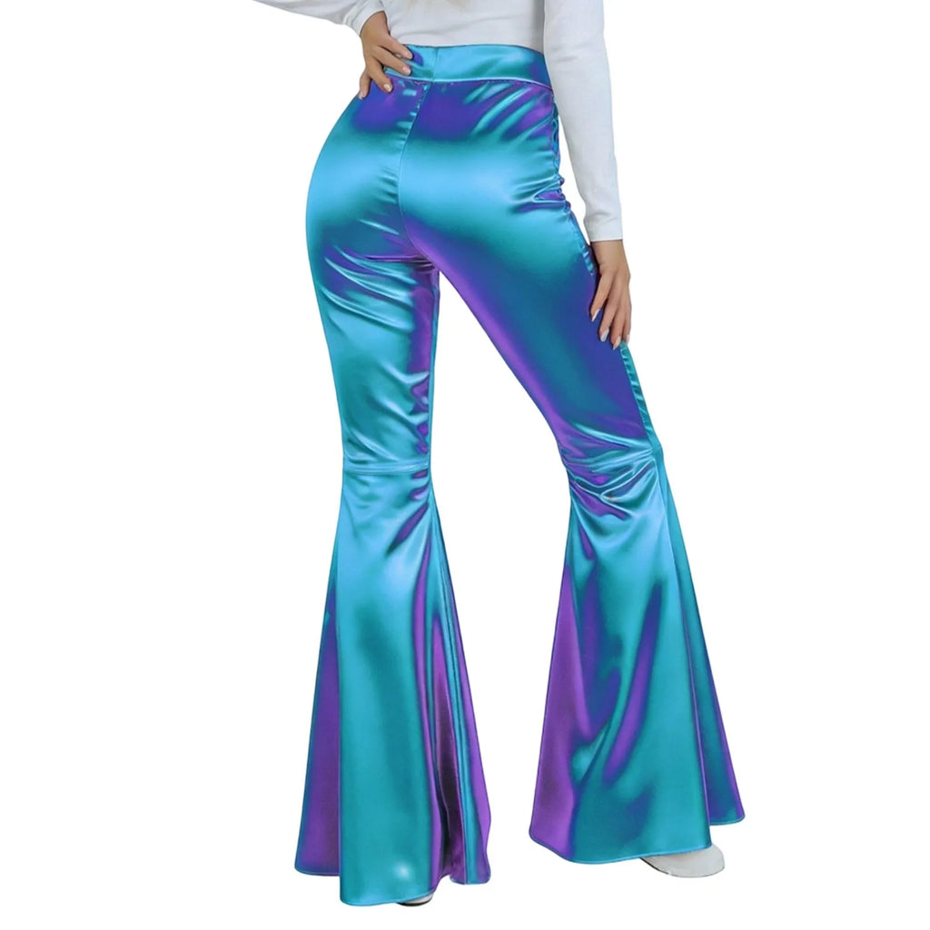 Women's Sequin Flared Pants High Waist Shiny Disco Party Trousers Loose Fit Dance Club Stretchy Bell Bottom Wide Leg Trousers