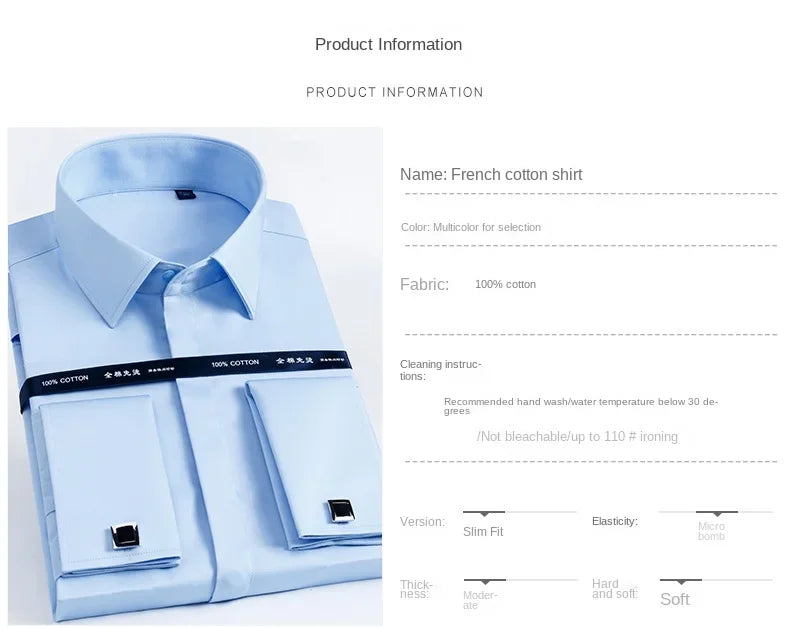 2026 Iron Free French Cufflink Long Sleeves Slim Fit 100% Cotton  Men's Concealed Buttons Solid Color High-end Wedding Dress