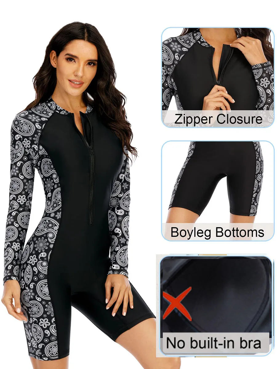 One Piece Long Sleeve Women Swimsuit Surfing Suit Beach Sporty Swimwear Sunscreen（No built-in bra）