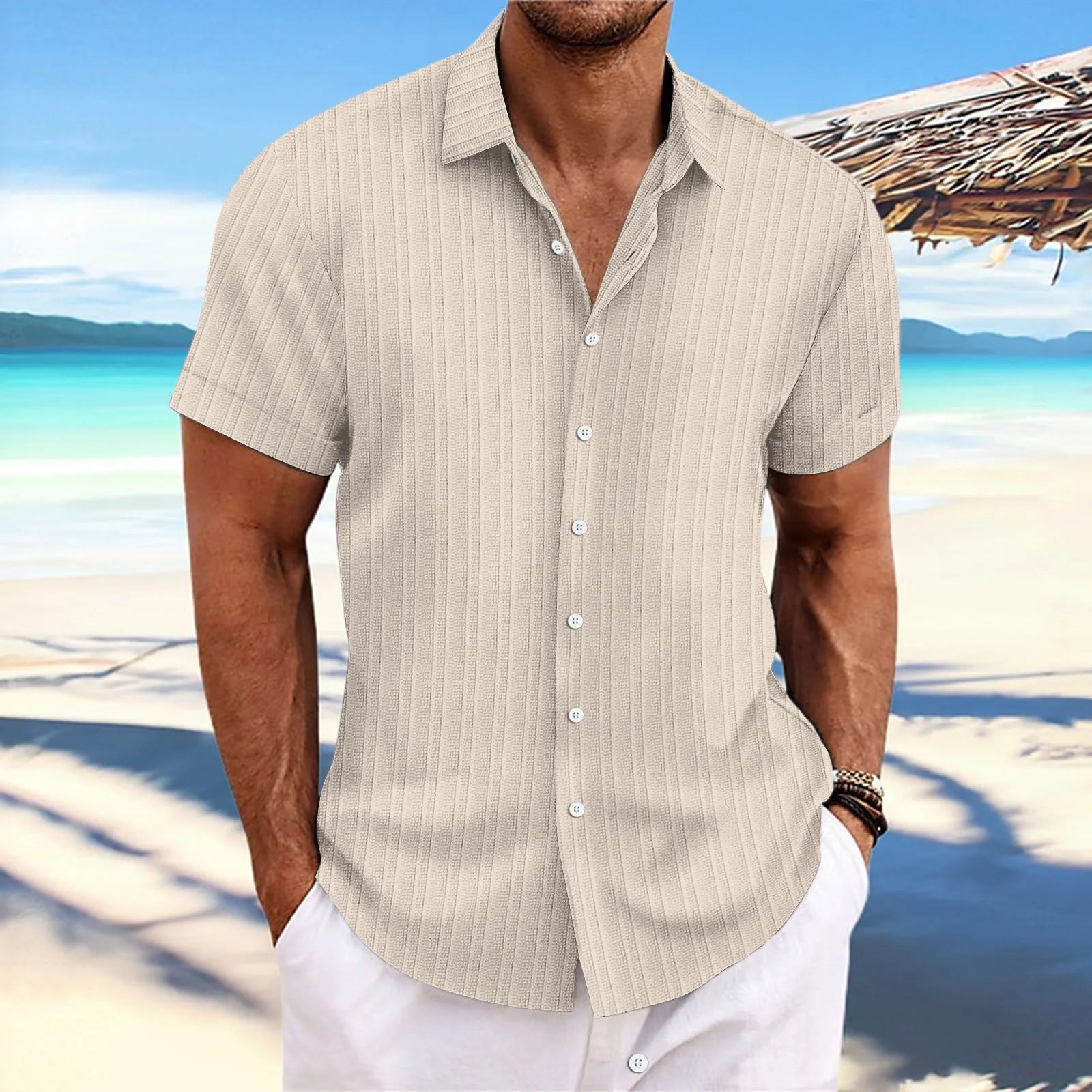 Men Must Summer Casual Shirt Cotton And Linen Stripes Casual Comfortable Loose Beach Lapel Cardigan Short-Sleeved Top