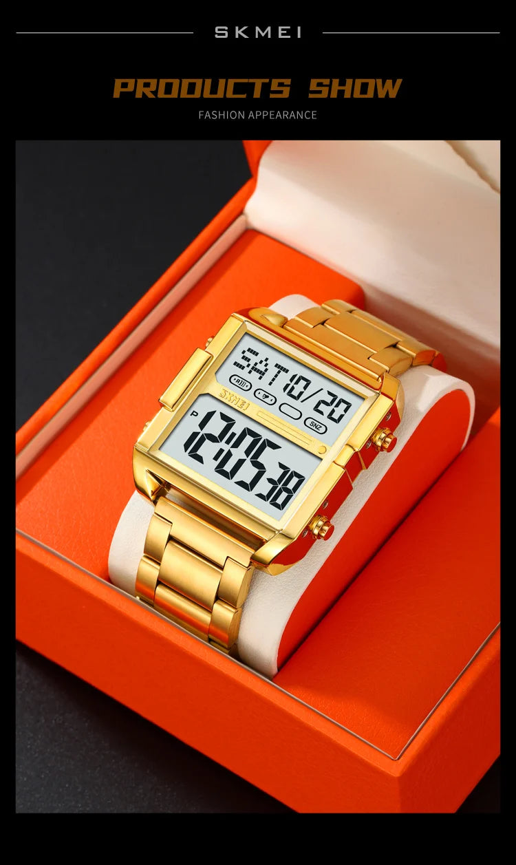 Skmei Luxury Brand Steel Strap Digital Watches for Mens Dual Time Zone Waterproof LED Chronograph Fashion Date Week Alarm Clock