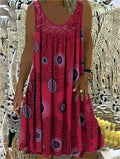 Elegant Lace Splicing O Neck Dresses Women Summer Comfortable Casual Sleeveless Dress Vintage Print Female Loose Midi Gown 2024