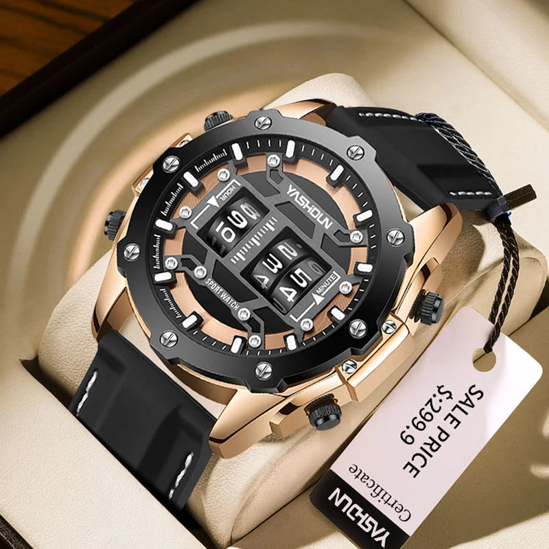 Men Quartz Watch Roller Digital Dial Design Silicone Strap Versatile Wristwatch Clock Waterproof Military Sports Clock
