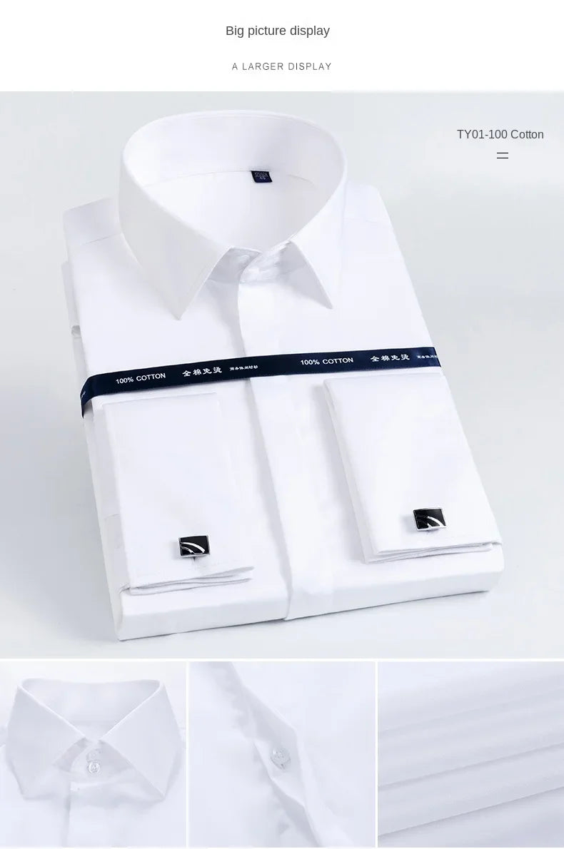 2026 Iron Free French Cufflink Long Sleeves Slim Fit 100% Cotton  Men's Concealed Buttons Solid Color High-end Wedding Dress