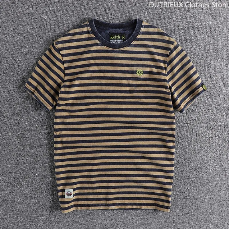 Retro and Aged Casual Short-sleeved T-shirt, High-quality Men's Striped Cotton T-shirt, Sweat-absorbing & Breathable Sports Top