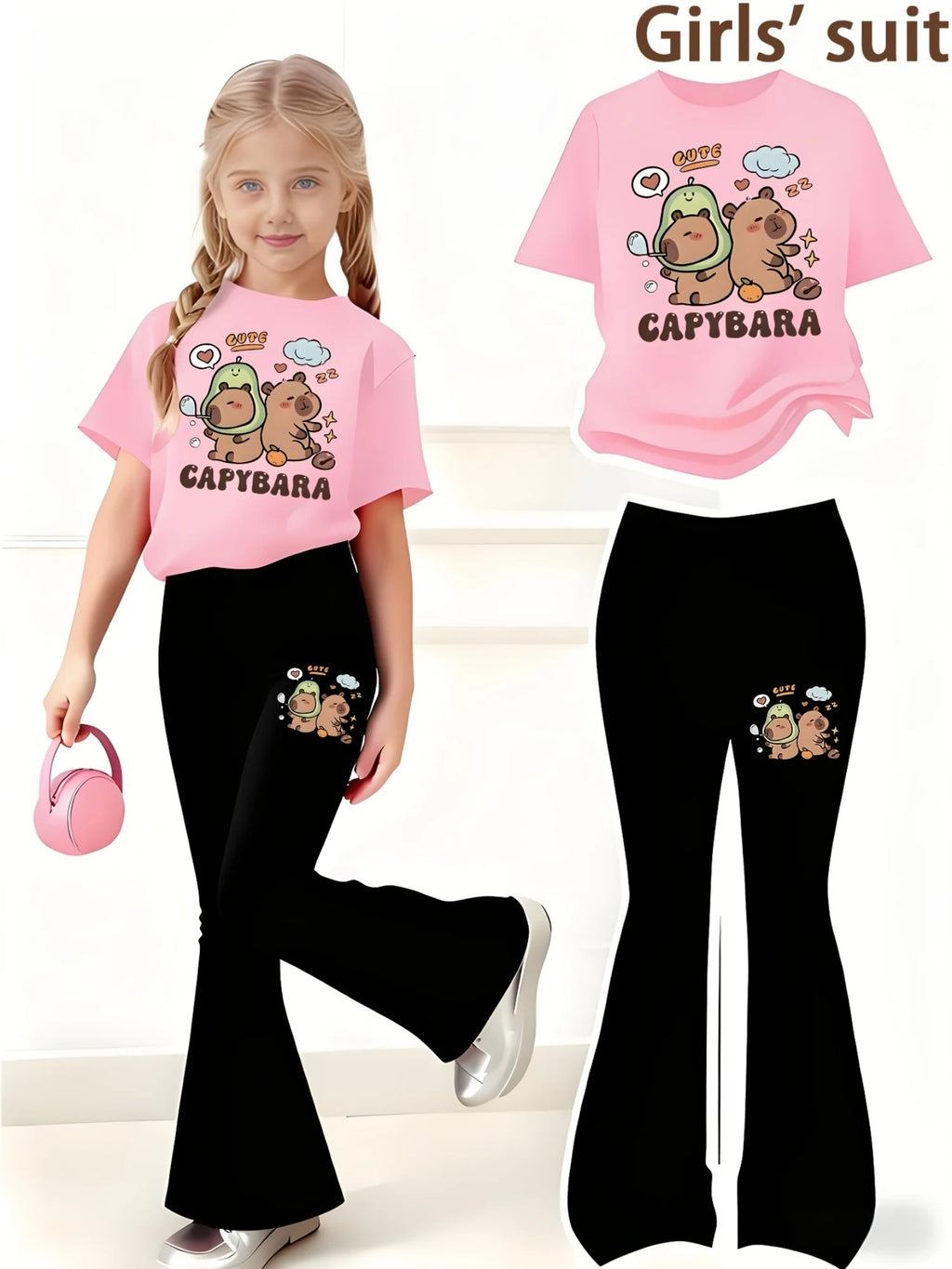 Girls' Summer Casual Outfit: Regular Short-Sleeve Top + Black Flared Long Pants Two-Piece Set with Capybara and Pufferfish Print, Cute and Stylish, Suitable for Girls Aged 4-12, Versatile for Home and Outdoor Wear
