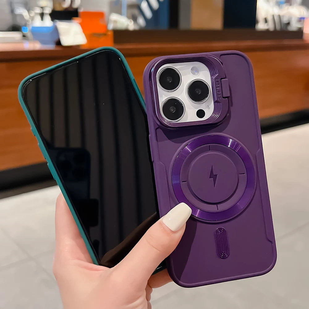 Luxury Flip Up Lens Holder Magnetic Case For iPhone 17 Air 16 Pro Max 14 15 13 12 11 Pro Plus Magsafe Charge Soft Silicone Cover