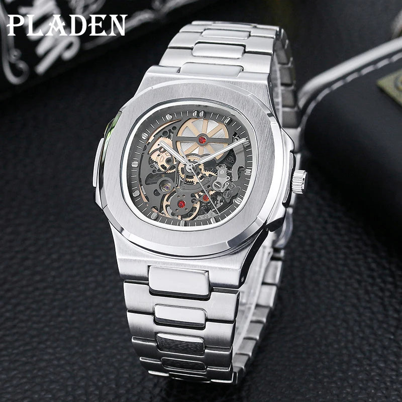 Power Reserve Mechanical Men Wristwatch Skeleton Stainless Steel Powerful Automatic Watches Square Waterproof Hand Clock Gift