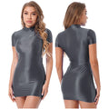 Women's  Solid Color Smooth Stretchy Mock Neck Tight Party Dresses Female Dresses Glossy Long Sleeve Bodycon Dress Nightwear