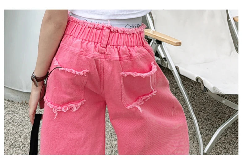 junior girls pink gradient color hole wide leg jeans cotton teenager kids Mop pants pant children trousers adolecentes 4 12 14