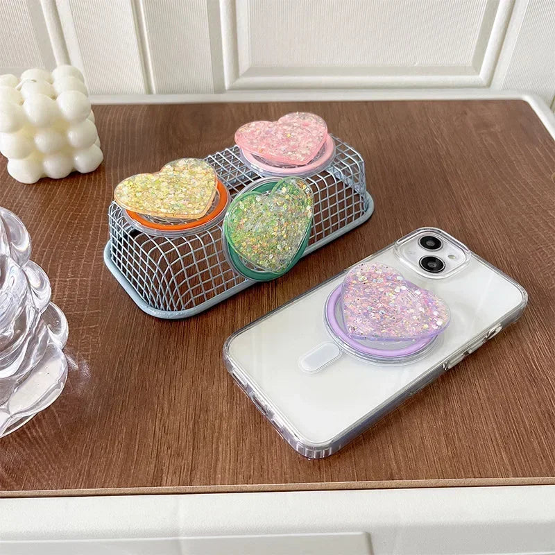 Stylish Glitter Sequins Love Heart Smart Tok For Magsafe Magnetic Phone Griptok Grip Tok Stand Universal Phone Smart Tok Holder