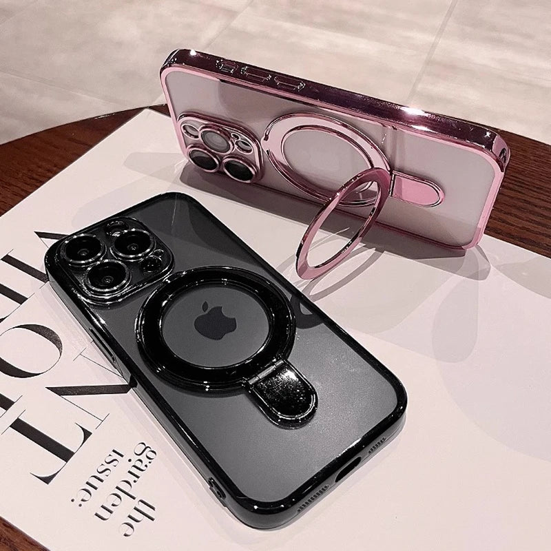 for Magsafe Bracket Plating Case for iPhone 16 15 14 Pro Max Plus 13 12 Magnetic Stand Ring Holder Transparent Shockproof Cover