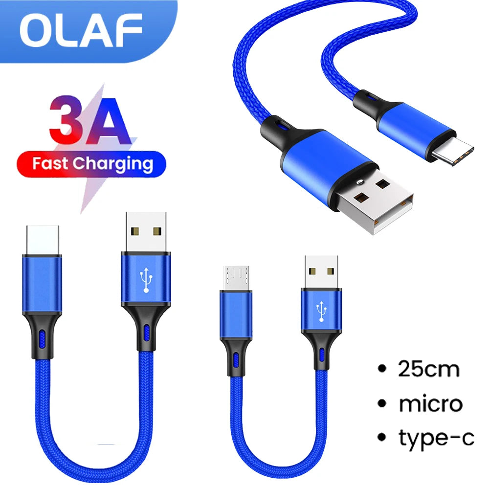 Olaf 25cm USB to Type C/Micro USB Short Charging Cable 3A USB Type C Micro Data Cable for Xiaomi Samsung Android Power Bank Cord