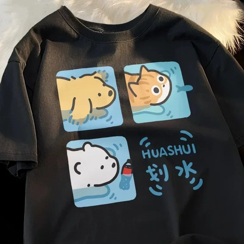 Cartoon Cute Cat and Dog Pattern Fun WomanT-Shirt Street Comfortable Soft Tops Creative Fashion Women's T-Shirt Clothing Y2K Top