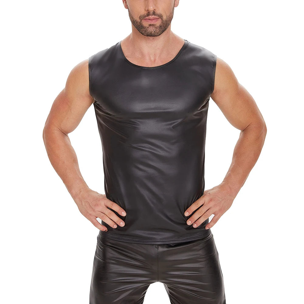 S-5XL Sleeveless Matt Faux PU Leather Tank Top Men Fitness Gym Muscle Shirt Tight Bodybuilding Tanktop Hot Body Shaper Shapewear