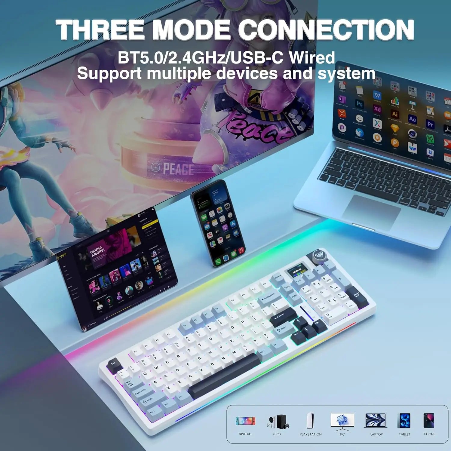 AULA S98pro Wireless Gaming Keyboard BT/USB-C/2.4G PBT Keycaps RGB Hot-swap Esports Mechanical Keyboard with Multi-function Knob