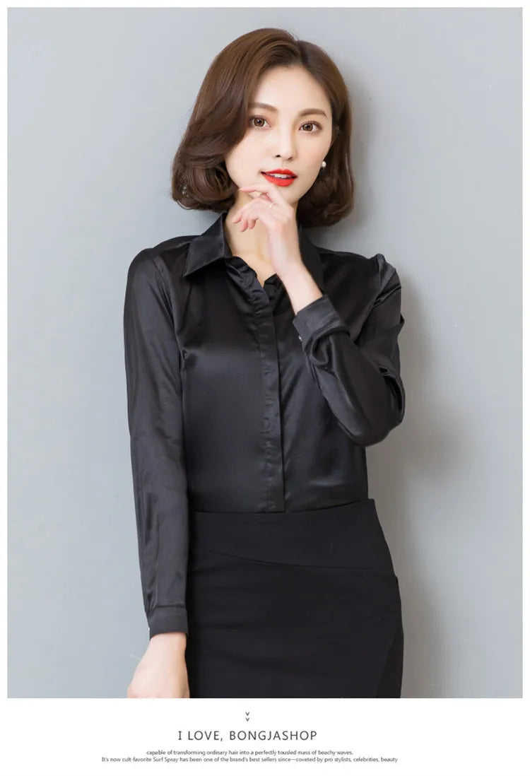 Women silk satin blouse button long sleeve lapel ladies office work elegant female silk blouses shirts