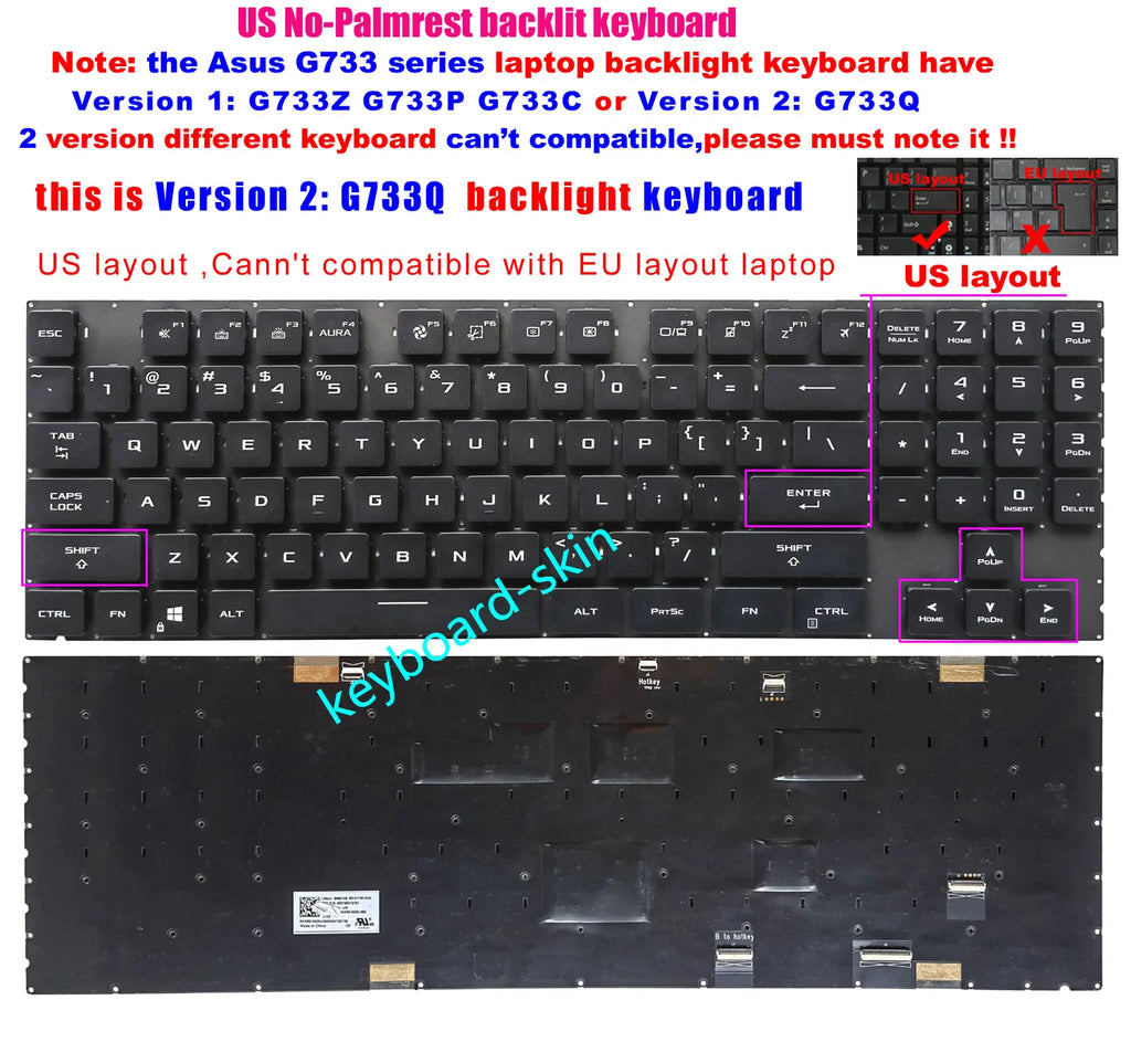 New US Backlit No-Palmrest Keyboard For ASUS ROG G17 G733Q G733QS G733QR G733QSA G733Z G733ZW G733ZX G733P G733PZ G733C G733CX