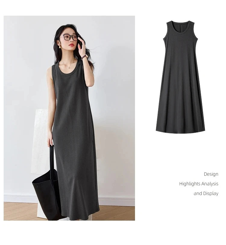 VIMLY Summer Tank Dresses 2026 Woman Simple Gray Cotton Blend Knitted Loose Sleeveless A Line Long Dress Women's Clothing M9852