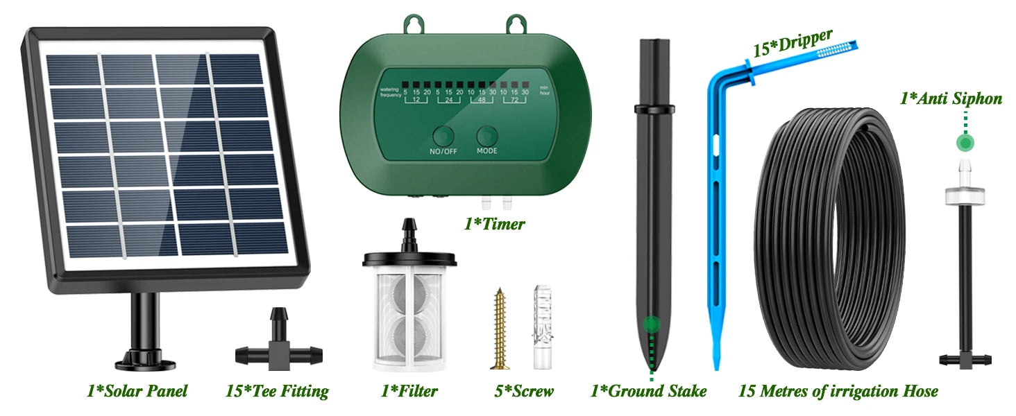 Solar Automatic Watering Kit for Garden Automatic Drip Watering System with 15m Water Hose Automatic Watering Timer for Holidays