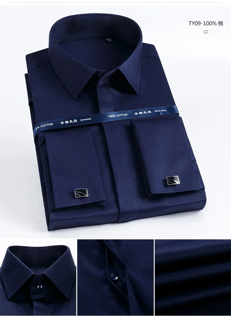 2026 Iron Free French Cufflink Long Sleeves Slim Fit 100% Cotton  Men's Concealed Buttons Solid Color High-end Wedding Dress