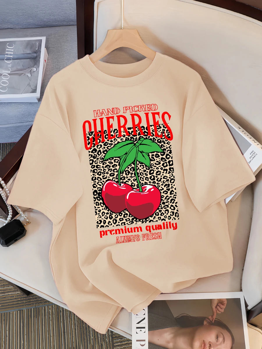 Hand Picked Cherries Always Fresh Printing T-Shirt Women Cotton Crewneck T Shirts Summer Loose Clothes Multicolor Short Sleeve