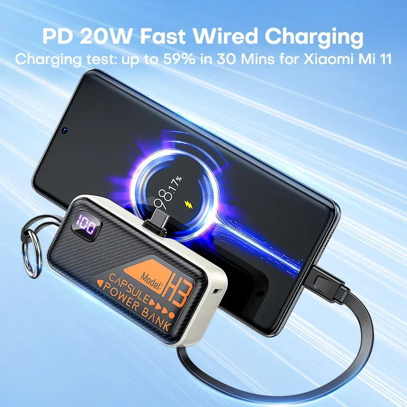 5000mAh Small Portable Keychain Mobile Power Capsule Power Bank Fast Charging Cable Suitable for IPhone Huawei Xiaomi