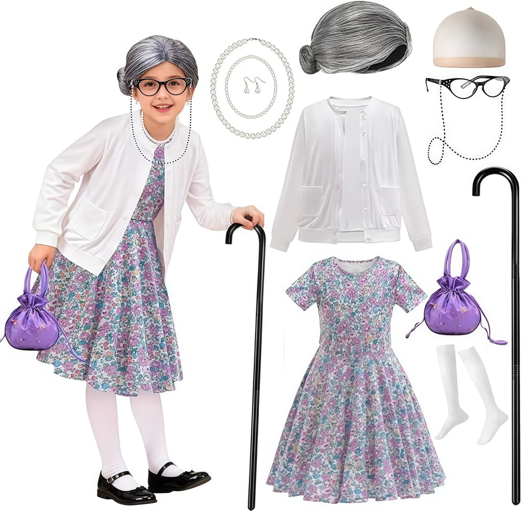 Girl 100Days of School Grandma Costume Set For 3-12yr Girls Old women Costume and Accessories Carnival Dress up Fancy Outfit