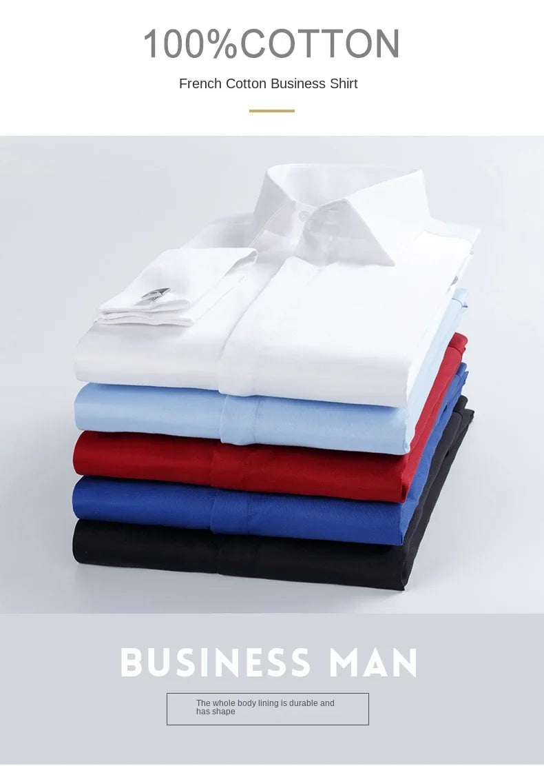 2026 Iron Free French Cufflink Long Sleeves Slim Fit 100% Cotton  Men's Concealed Buttons Solid Color High-end Wedding Dress