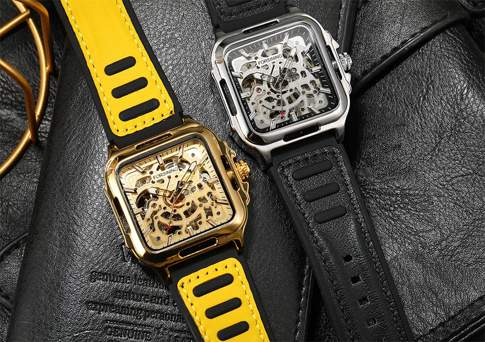 FORSINING Original Square Skeleton Mechanical Man Wristwatches Automatic Movement Field Sports Waterproof Silicone Replica Watch
