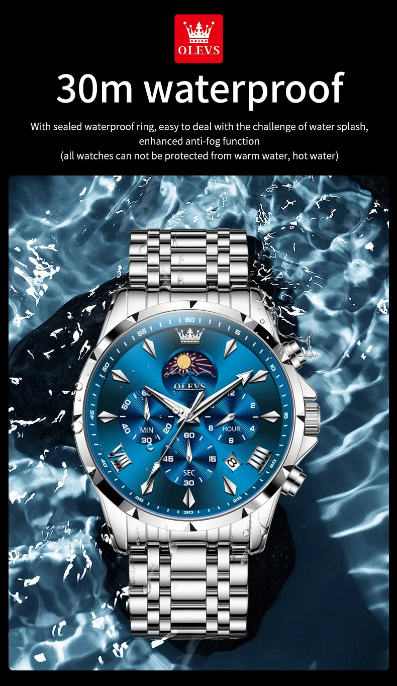 OLEVS 3653 Luminous Chronograph Stainless Steel Quartz Watch for Men Waterproof Sports Calendar Date Wristwatches Reloj Hombre
