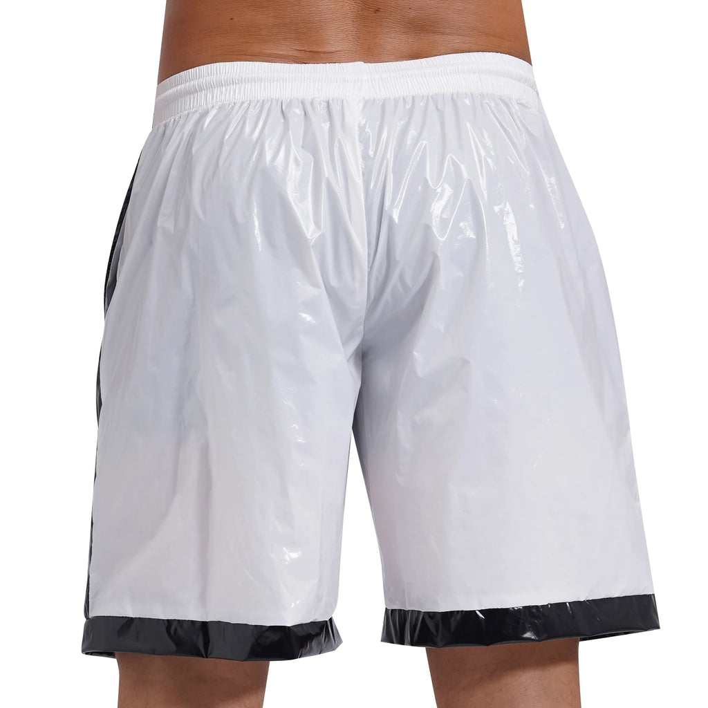 Swimwear Mens Swimming Trunks Wet Look Boxer Shorts Drawstring Elastic Waist Pockets Stripes Beach Sports Shorts Pajamas Costume
