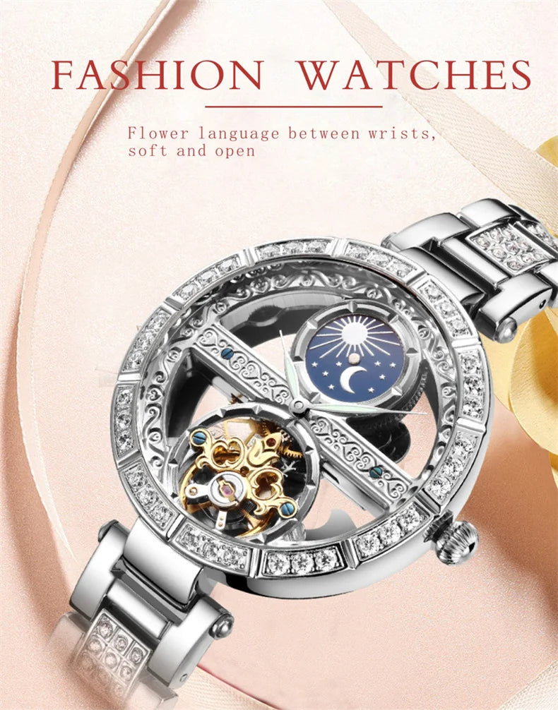 Luxury Women's Waterproof Skeleton Tourbillon Mechanical Watches Night Glow Beauty Elegant Mechanical Watch For Women