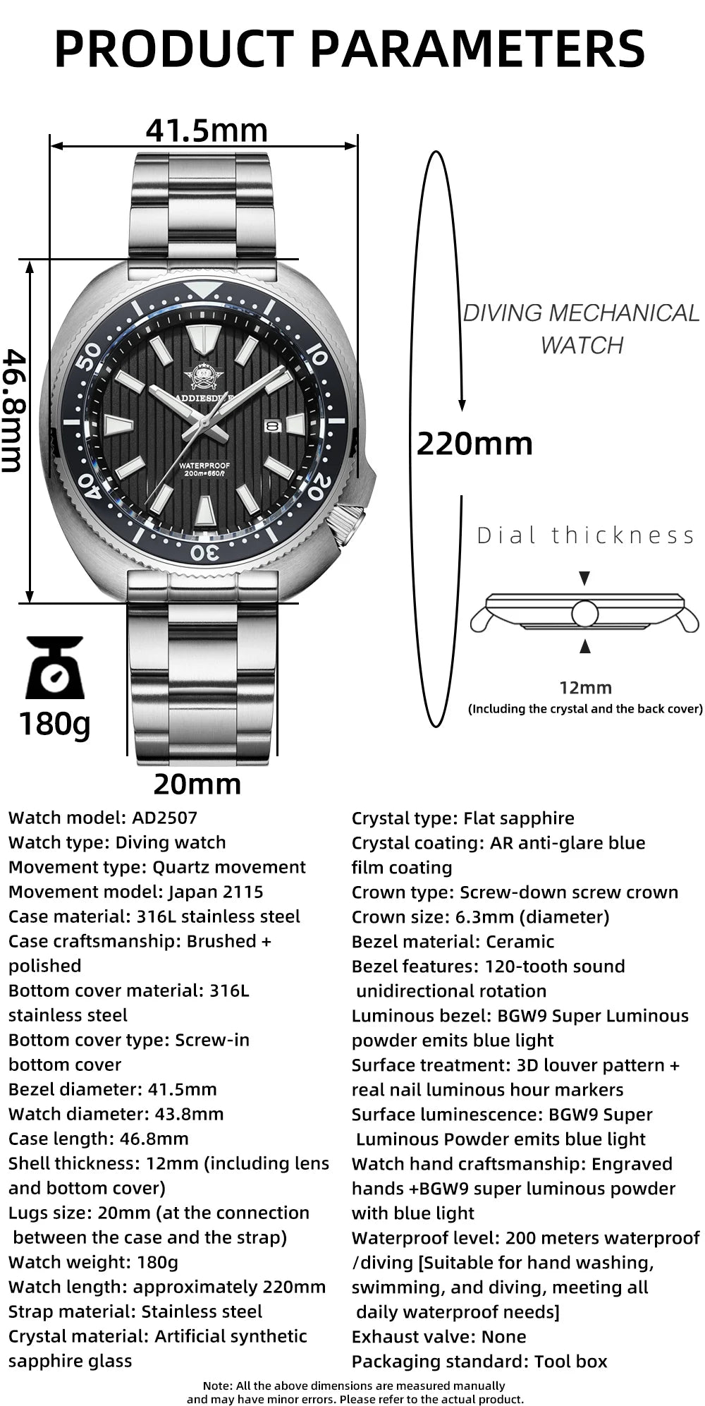 ADDIESDIVE Watch For Man AD2507 Sapphire Crystals Window Display BGW9 Luminous 200M waterproof 316L Stainless Steel Quartz Watch