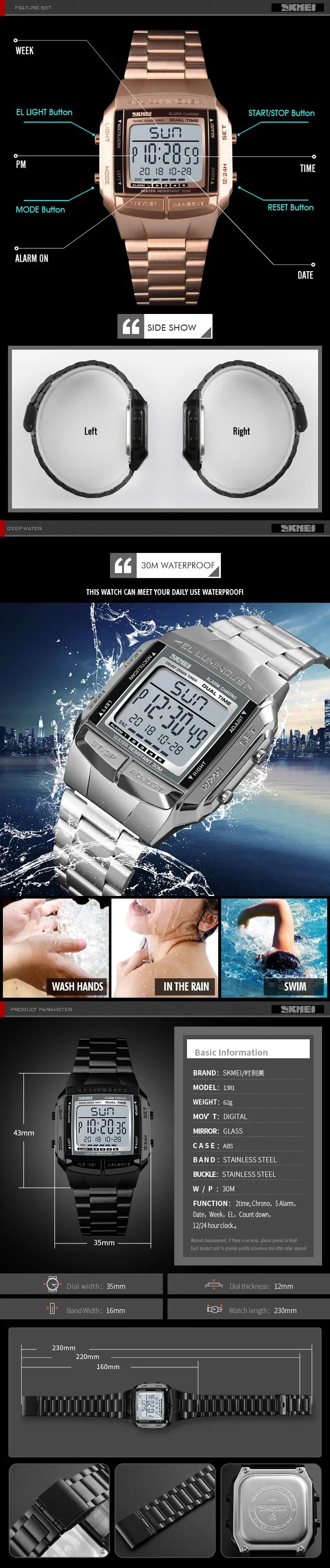 SKMEI 1381 Luxury Electronic Mens Wristwatches Waterproof LED Display Digital Watch for Men Military Sports 1328 Reloj Masculino
