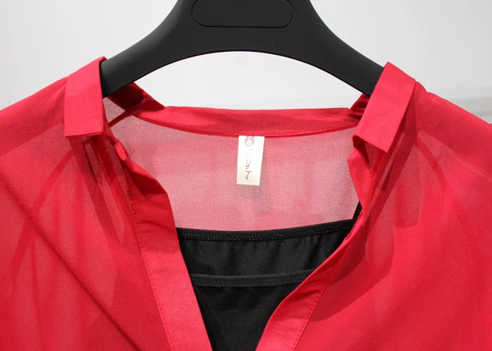 Summer Two Piece Set Chiffon Blouse Half Sleeve Loose V-Neck Women Shirts Elegant Casual Tops