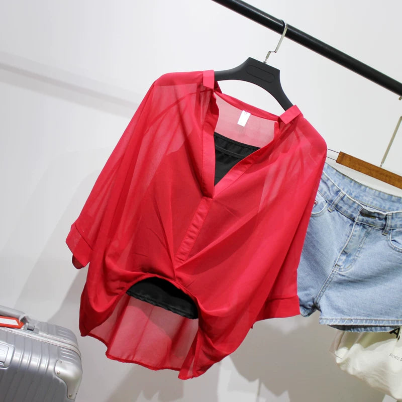 Summer Two Piece Set Chiffon Blouse Half Sleeve Loose V-Neck Women Shirts Elegant Casual Tops