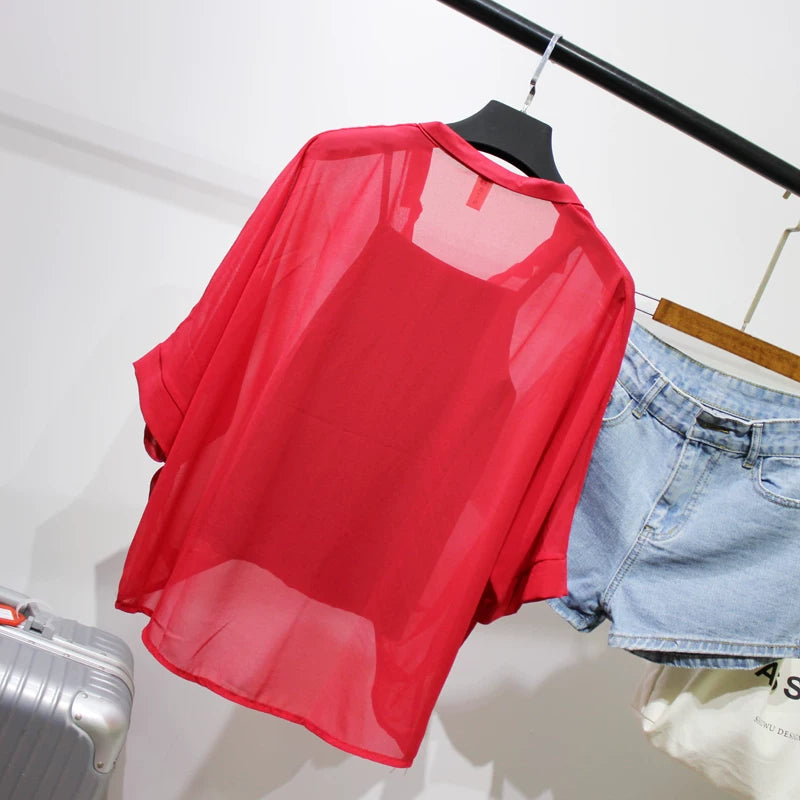 Summer Two Piece Set Chiffon Blouse Half Sleeve Loose V-Neck Women Shirts Elegant Casual Tops