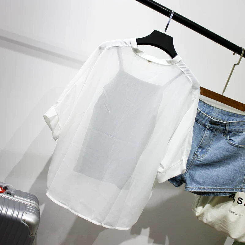 Summer Two Piece Set Chiffon Blouse Half Sleeve Loose V-Neck Women Shirts Elegant Casual Tops
