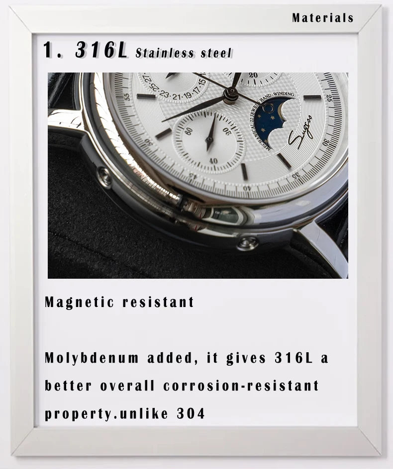 Sugess Chronograph ST1908 Movement Vintage Leather Watch Hand Winding Mechanical 59 Wheels Genuine Moonphase Calendar